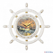 Часы настенные штурвал d=15см, корпус белый с золотом "Корабль на закате" "Рубин"