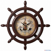 Часы настенные штурвал d=15см, корпус коричневый "Корабль и дельфины" "Рубин"